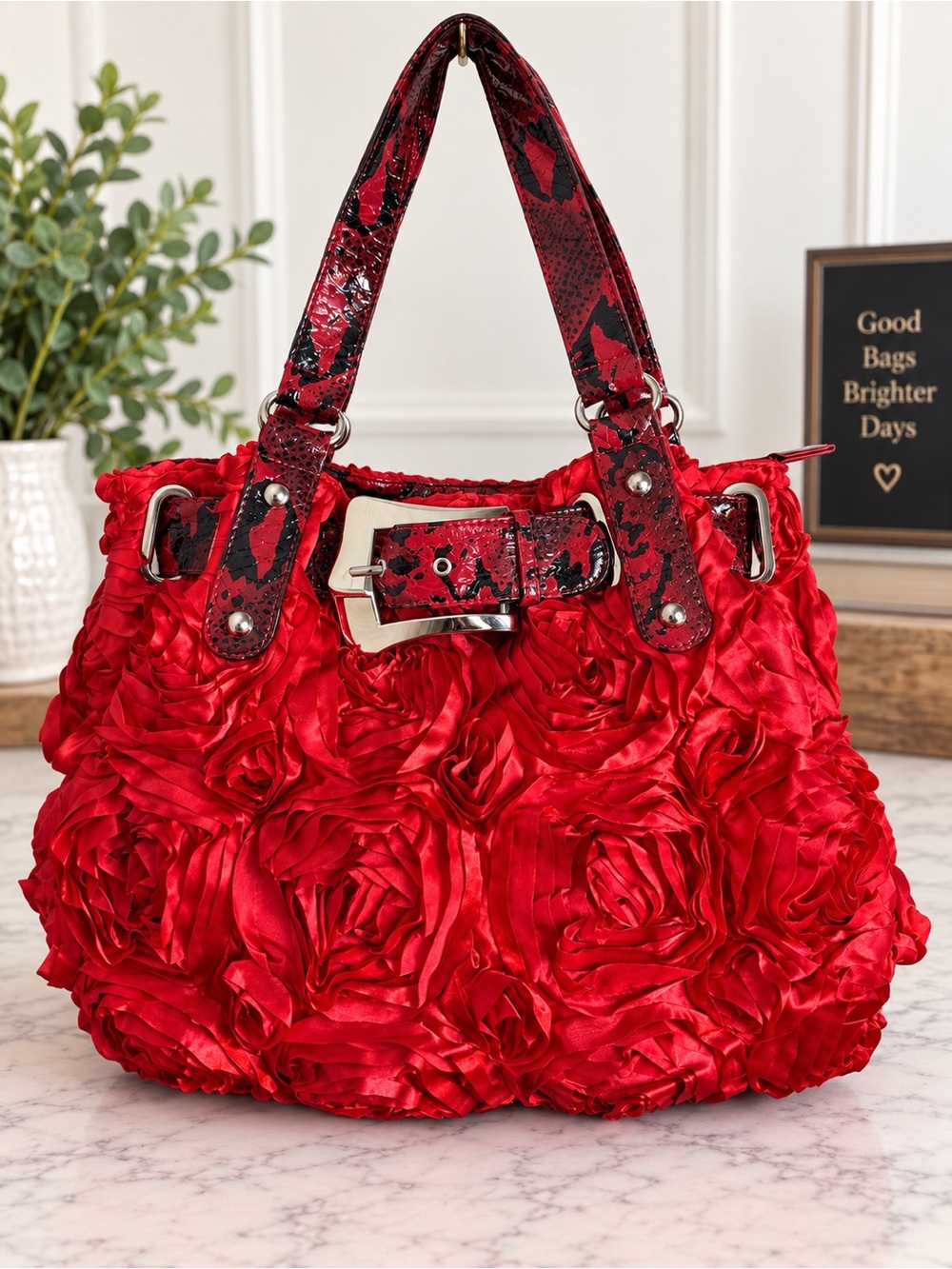 Red Satin Rosette Floral Handbag Black Patent Buckle Shoulder Bag